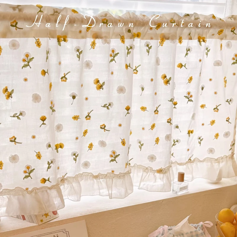 Beige Small Daisy Floral Half‑Short Drape Light‑impermeable Gauze Custom Size Window Curtain for Living Dining Room Bedroom