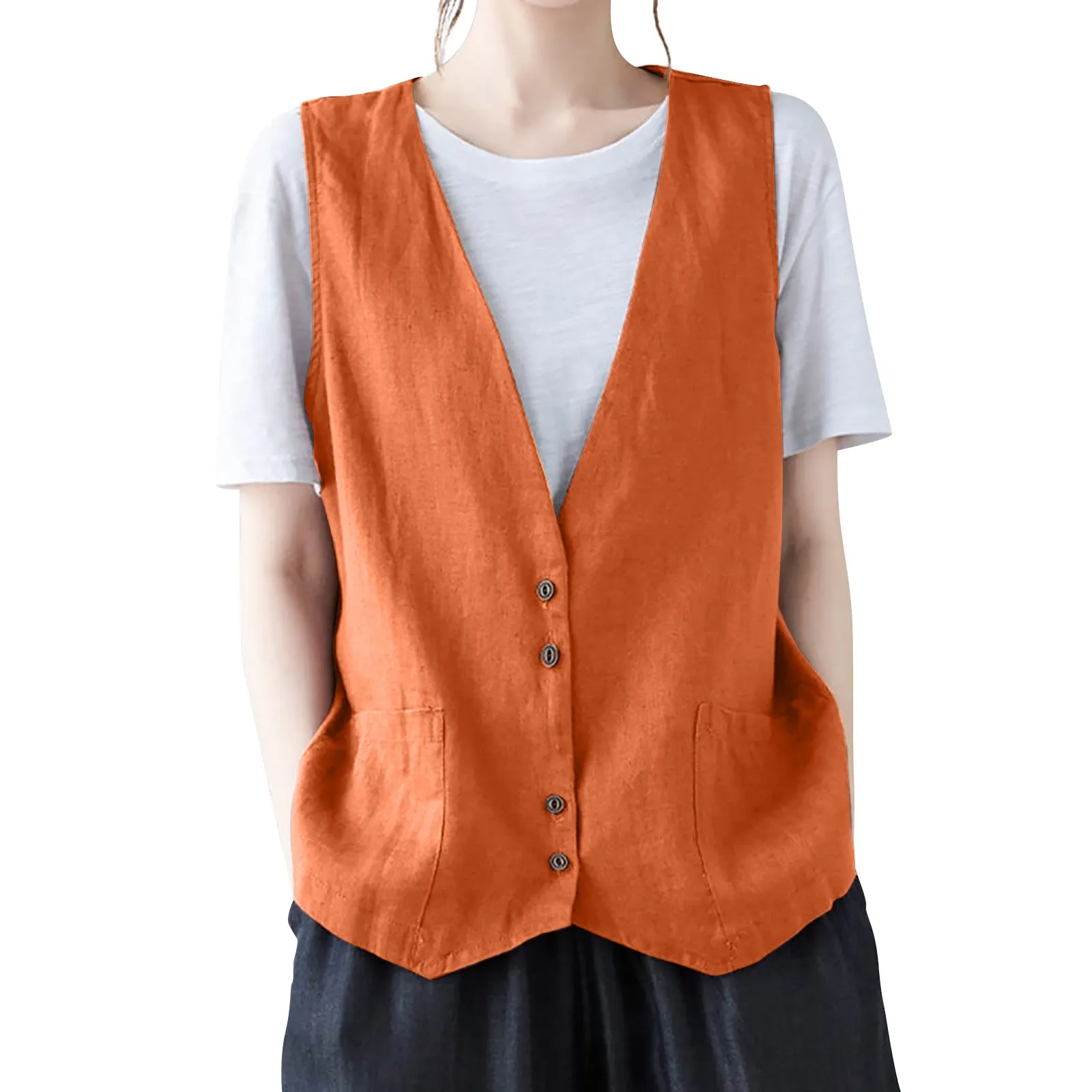 Vest Button Down V-Neck Waistcoat Jacket Versatile And Daily Girls' Solid Color Fashionable Cool Hip Pop Sleeveless Cotton Linen