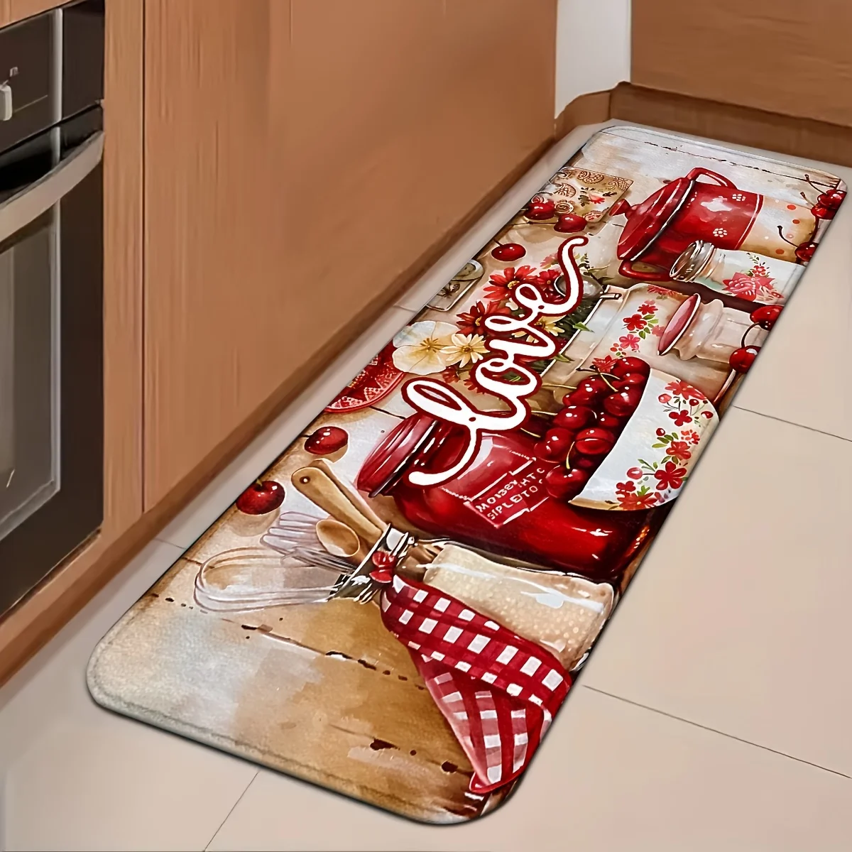 Vintage Red Cherry Kitchen Runner Rug  Farmhouse Red Check Plaid Jar Floral Love Letter Print Non Slip Waterproof Standing Mat
