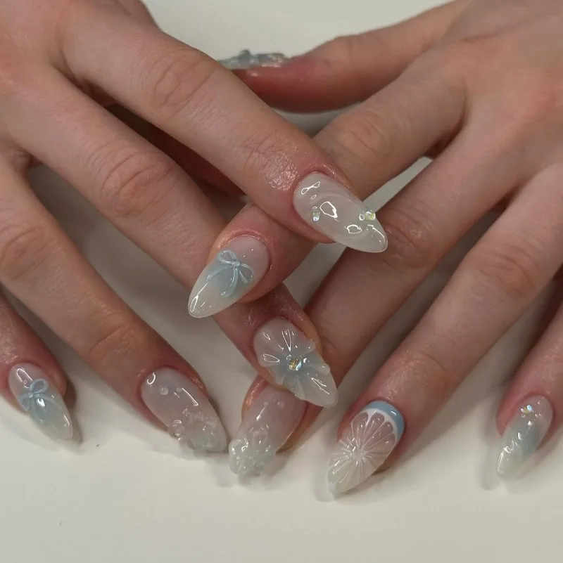 24pcs French Gradient Blue Y2k Press on Nails Cat Eye Fake Nail Tips Full Cover Wearable Korean Almond Shaped False Nails - view 6