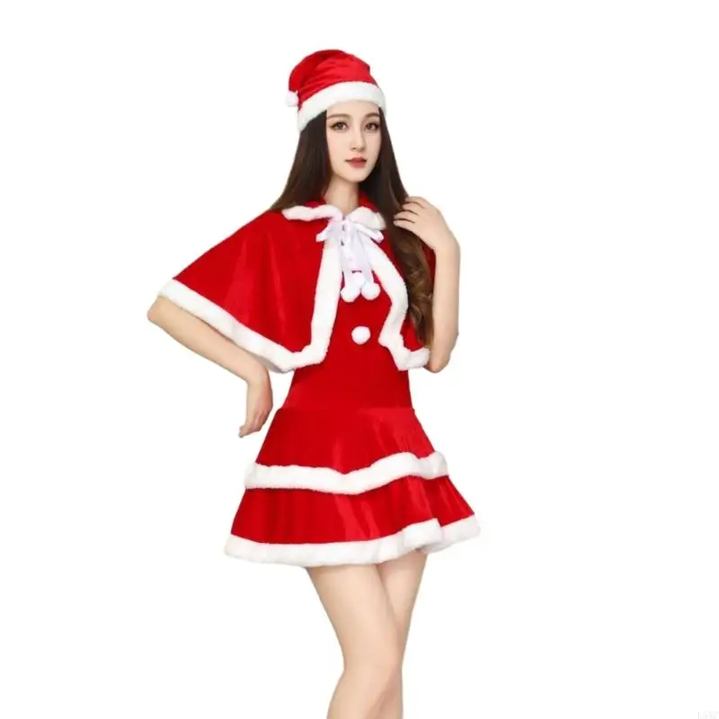 L5YC Mme Santa Clauses Costume Corsets Robe en peluche Lace Up Câle Cape Hat