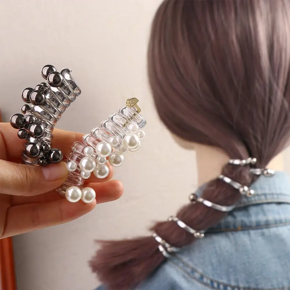 Beads Telephone Line Hair Rope Straight Elastic Transparent Ponytail Holder Rubber Band Scrunchies Pearl Hair Ring Wedding