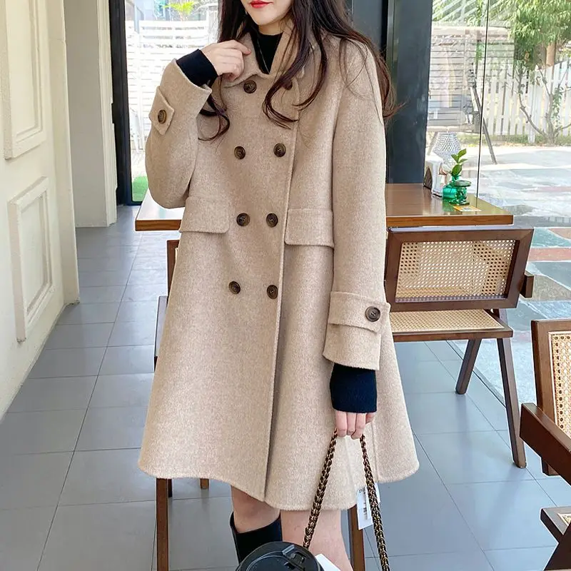 Winter Clothes Women Korean Fashion Elegant Double-breasted Cashmere Overcoat Solid Long Sleeve Loose Mid Length Woolen Jacket