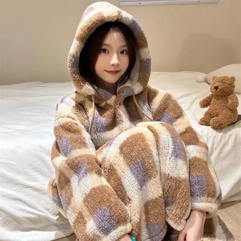 

Women's Homewear Pajamas Flannel Coral Fleece Autumn Winter Girl Stand Collar Fleece-Lined Thickened Homeclothes Outerwear Suit