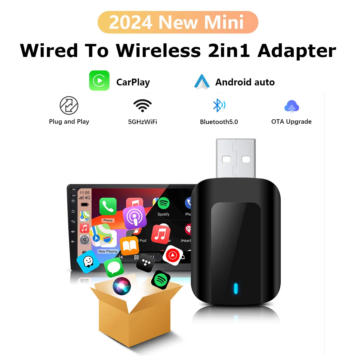 2024 New Wireless Carplay Adapter Android Auto 2in 1 Smart Dongle 5G WIFI For Apple iphone Android Phone Plug And Play