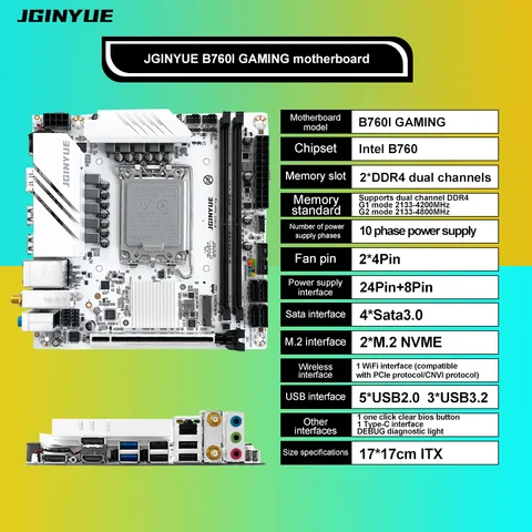 JGINYUE B760i Motherboard LGA 1700 Support Intel Core 12th 13th DDR4 3200mhz RAM Latest mini itx B760i-GAMING