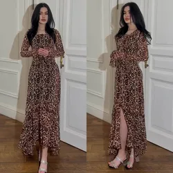 2024 primavera nuovo Chiffon modello leopardo manica foglia di loto lungo impiombato vestito irregolare estate Chiffon leopardo arruffato Maxi vestito