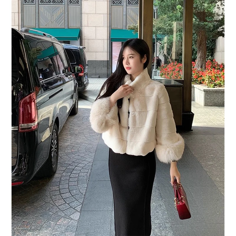 معطف فرو صناعي مقصوص من MEXZT سترة نسائية عصرية مرقعة باللون الأسود منفوش سترة شتوية أنيقة كورية بأكمام طويلة ملابس خارجية فروي جديدة #5