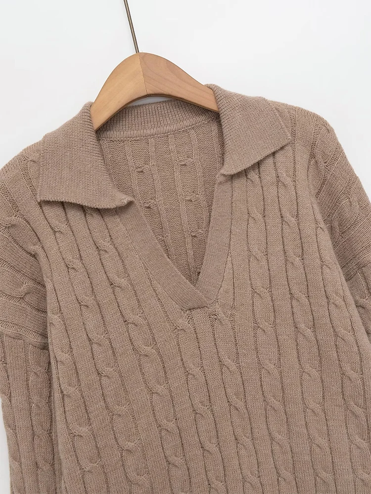 European style new women's fashion versatile temperament solid color eight-strand braided POLO collar sweater