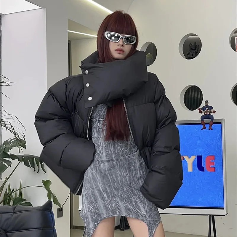 Women's Winter Autumn Tops Coat Splicing Cotton Clothes Press Button Neck Warm Pure Color Simple Loose Design High New Versatile