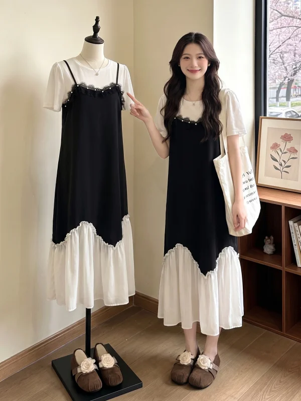 

Elegant Slimming Shoulder Women's Dress Summer New Style plus Size Straight Tube Skirt Fashionable Korean Version Polyester F...