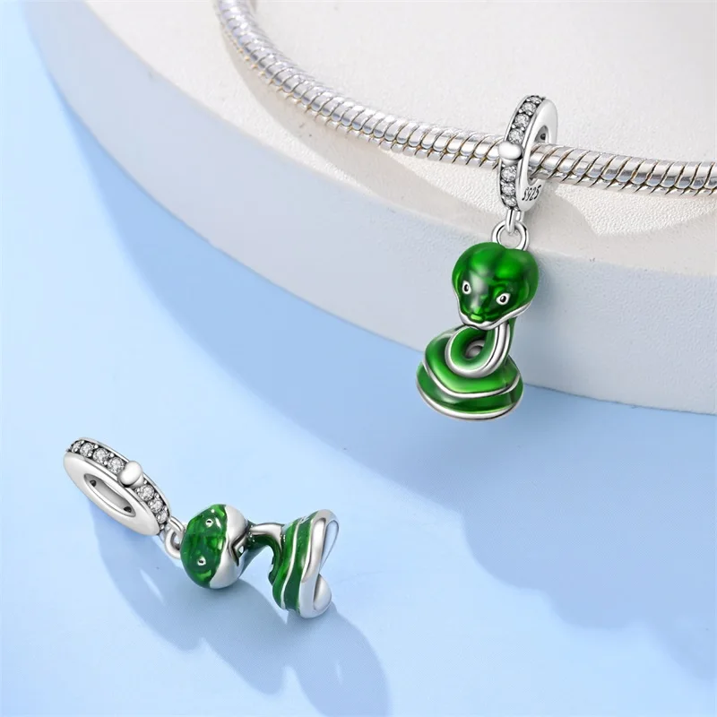 

925 Sterling Silver Small Green Snake Charms Pendant For Women Fit Original Bracelet DIY Birthday Party Jewelry Gifts