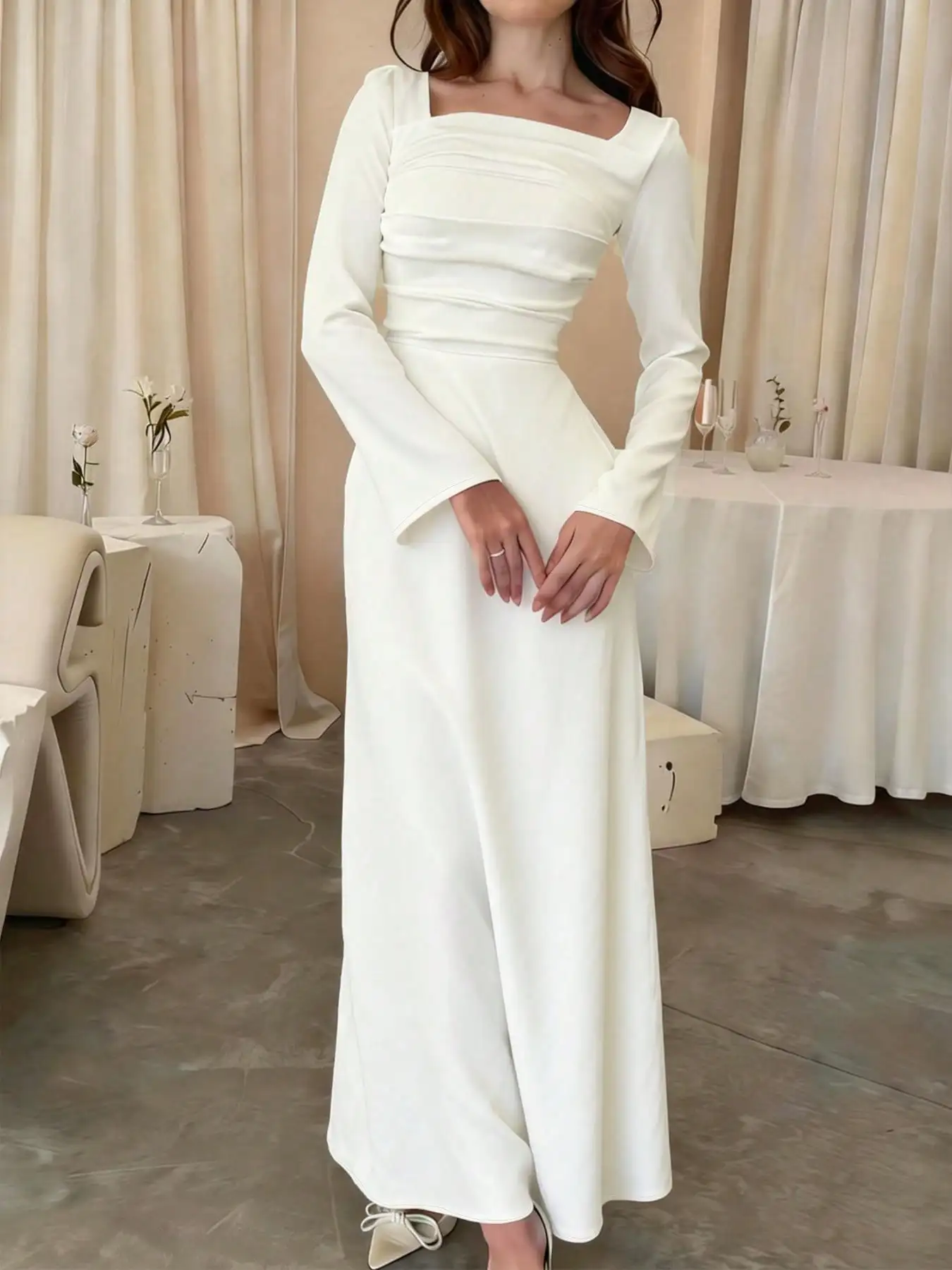 

Женское трикотажное платье макси с квадратным вырезом и длинными рукавами, А-силуэт, подол-русалка, элегантный повседневный крой