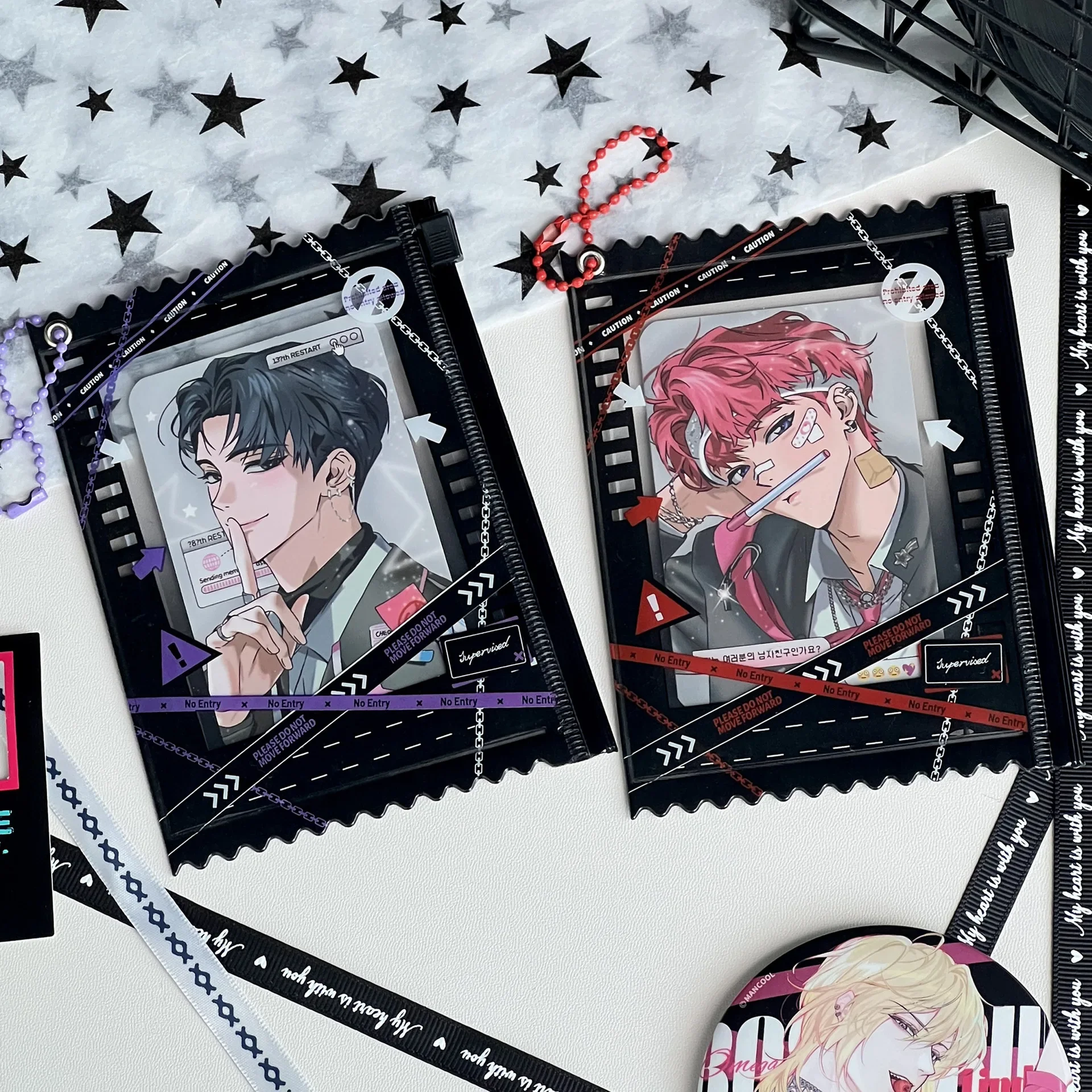 MINKYS-línea de advertencia Kawaii, soporte para sesión fotográfica Kpop de 3 pulgadas, soporte para tarjetas fotográficas, bolsa colgante, papelería escolar