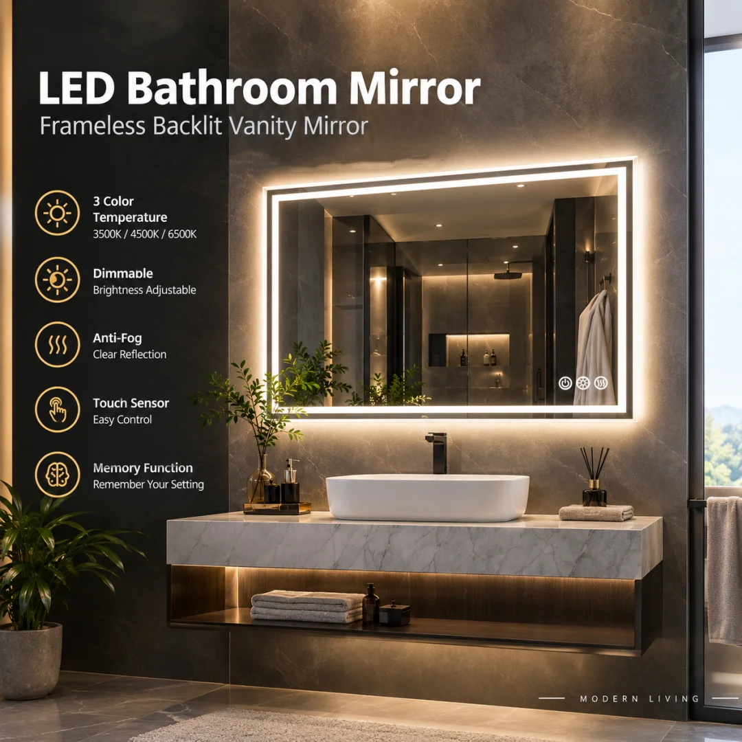LUVODI LED Bathroom Mirror, Frameless Backlit Vanity Mirror, Dimmable 3-Color Light, Anti-Fog, Touch Sensor
