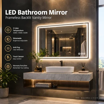 LUVODI LED Bathroom Mirror, Frameless Backlit Vanity Mirror, Dimmable 3-Color Light, Anti-Fog, Touch Sensor