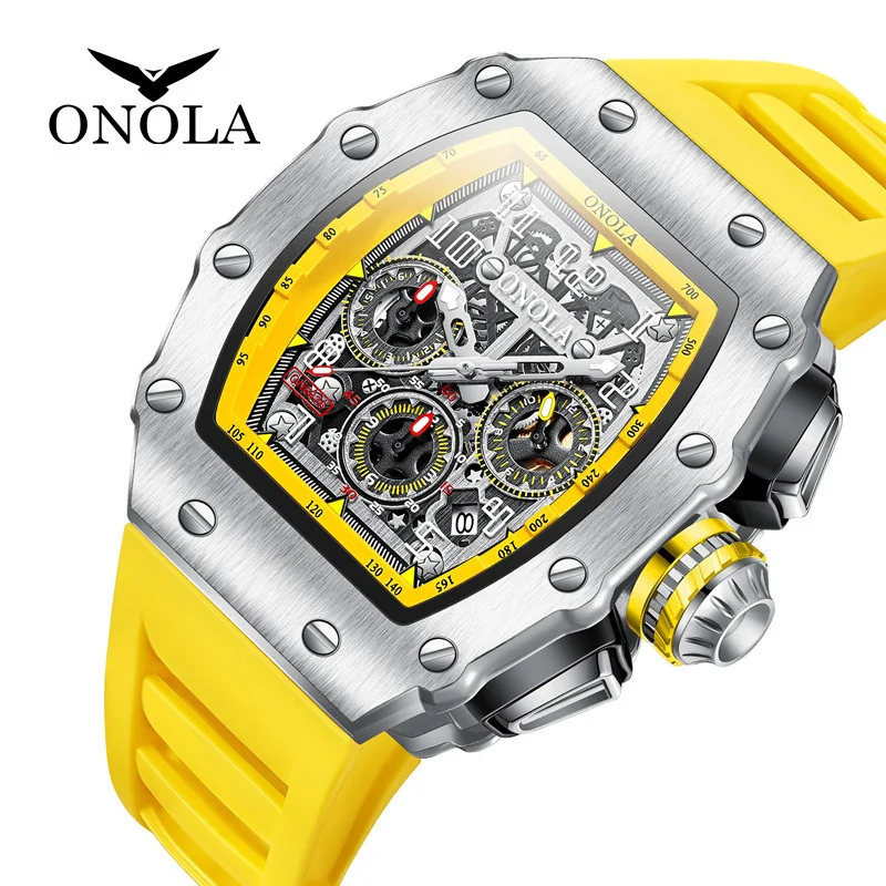 

Brand ONOLA Fashion Mens Watches Luxury Multifunctional Quartz Wrist Watch Sports Silicone Strap Tonneau Watch Man Reloj Hombre