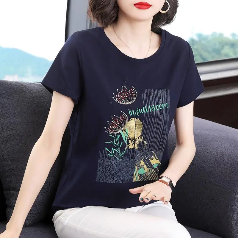 T-shirt z krótkim rękawem z czystej bawełny dla kobiet z haftem Lato 2025 Nowy wszechstronny top