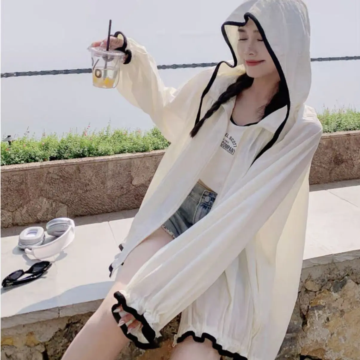 

Japanese Cute Cat Print Jackets Loose Y2k Casual Sun Protection Women's Tops Fashion Preppy Sweet Hooded Coats All Match Wh5