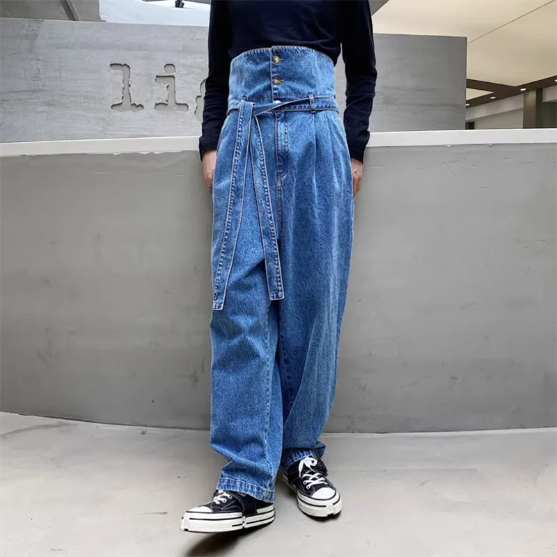 2023 Korean retro high-waisted jeans men\'s personality over waist head design feeling loose and thin straight leg wide-leg pants