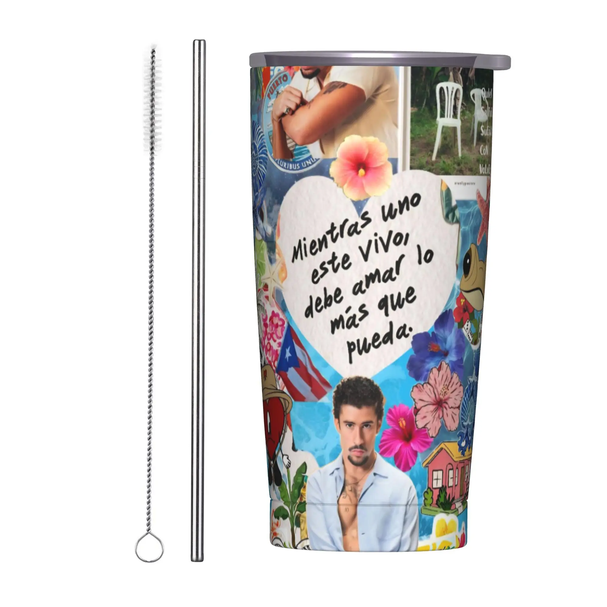 Bad Bunny DTMF Tour 2026 Tumbler Vacuum Insulated  Coffee Cups with Lid Straw School Mug Water Bottle 20oz