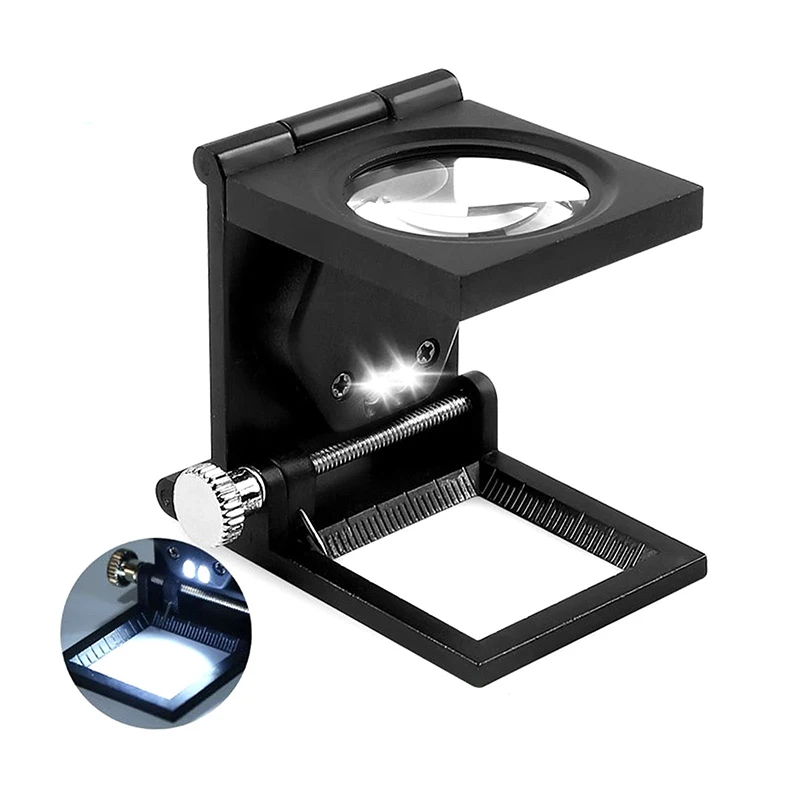 Imagem -02 - Lupa Óptica Dobrável com Luzes Led Lupa Desktop Ferramentas de Medição Escala Metal 10x 1pc