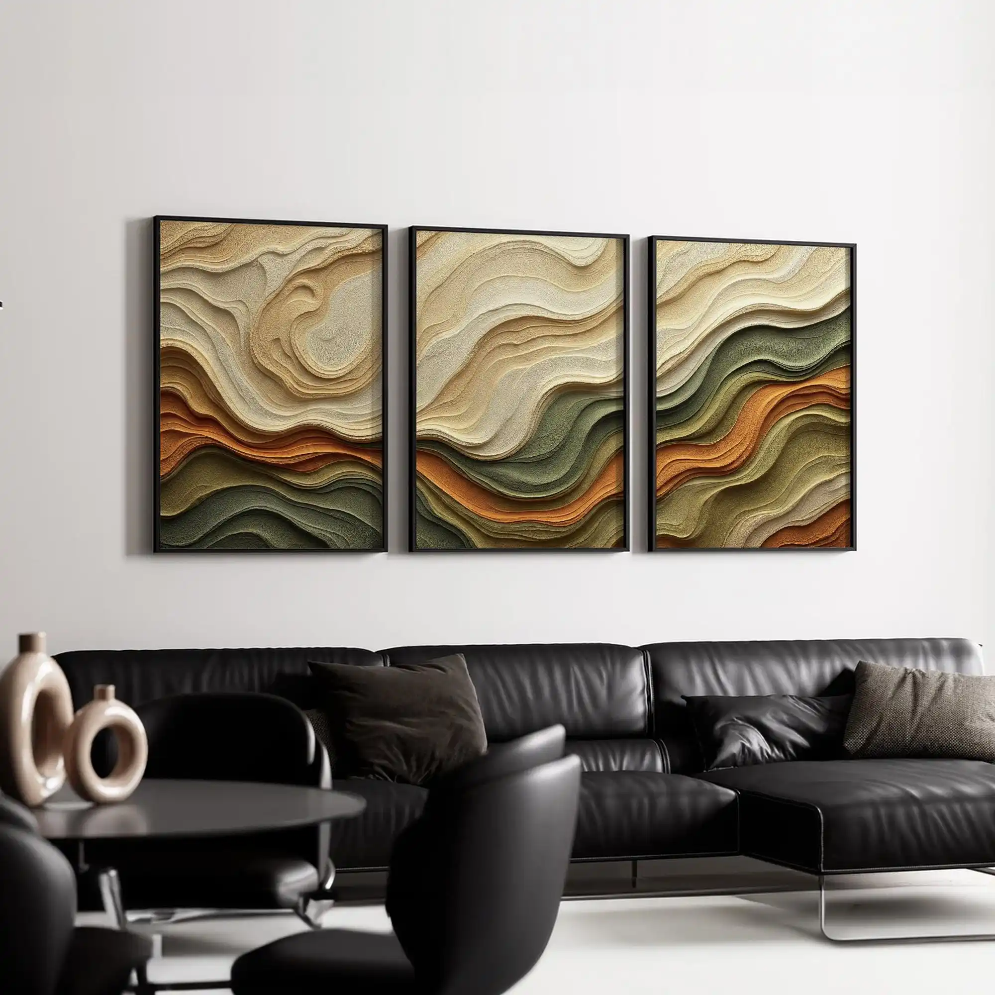 3-teiliges Set Beige-Oliv-Rost Wellen-Wandkunst, Japandi Wabi Sabi Dicke Strukturierte Abstrakte Drucke für Minimalistische Wohnzimmer-Dekoration