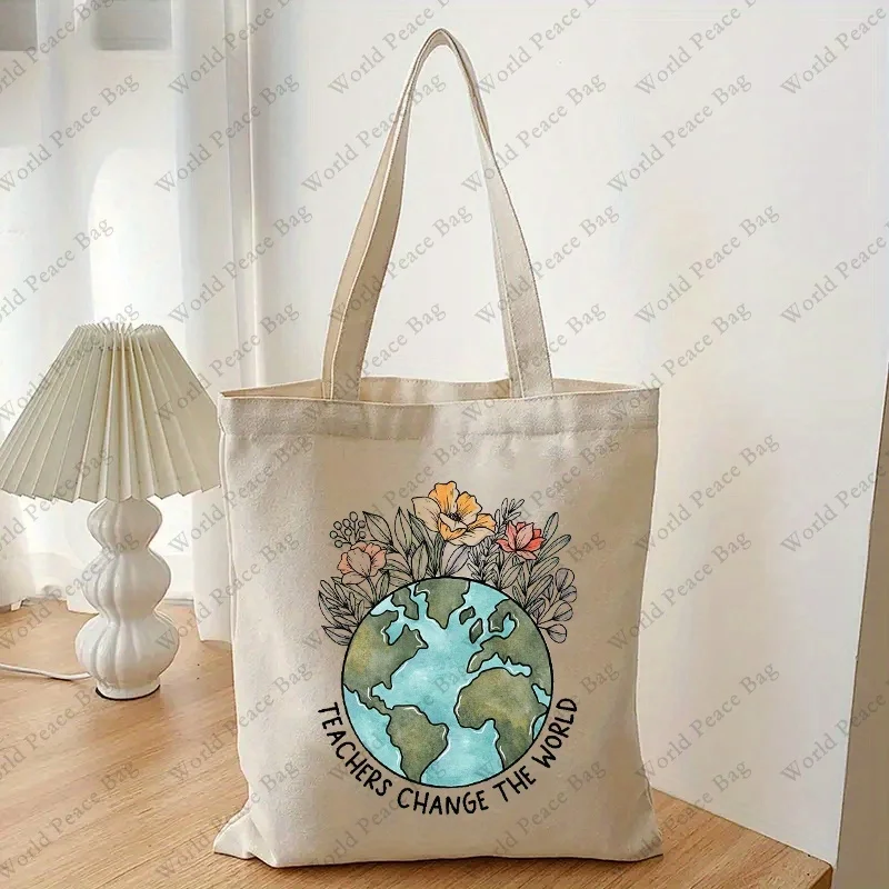 Teachers Change The World Shopping Bag, Casual Canvas Shoulder Bag Reusable Foldable Storage Tote Bag Handbag, Gift For Teacher