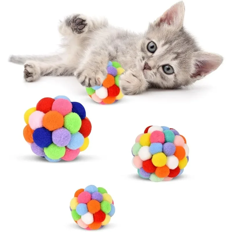 Cat Toy Balls Cat Plush Ball Toy Colorful Soft Fuzzy Balls Interactive Playing Chewing Toys Pet Elastic Bell Ball for Indoor Cat