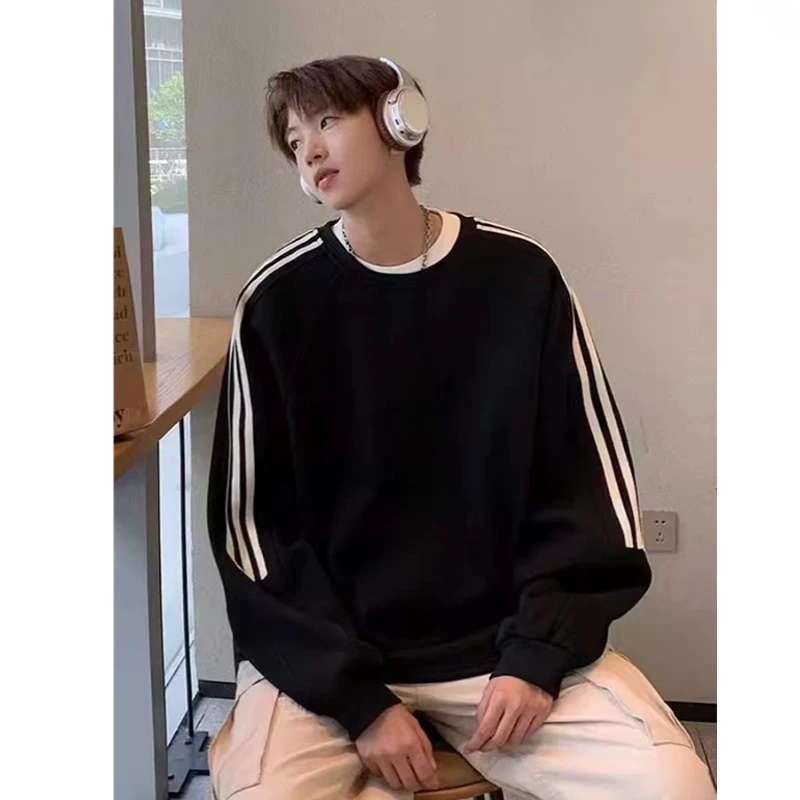 

Men Autumn Winter Women Sweatshirts Casual Thick Solid Hip Hop Streetwear Side Striped Raglan Sleeve Pullover Round Neck Sweater