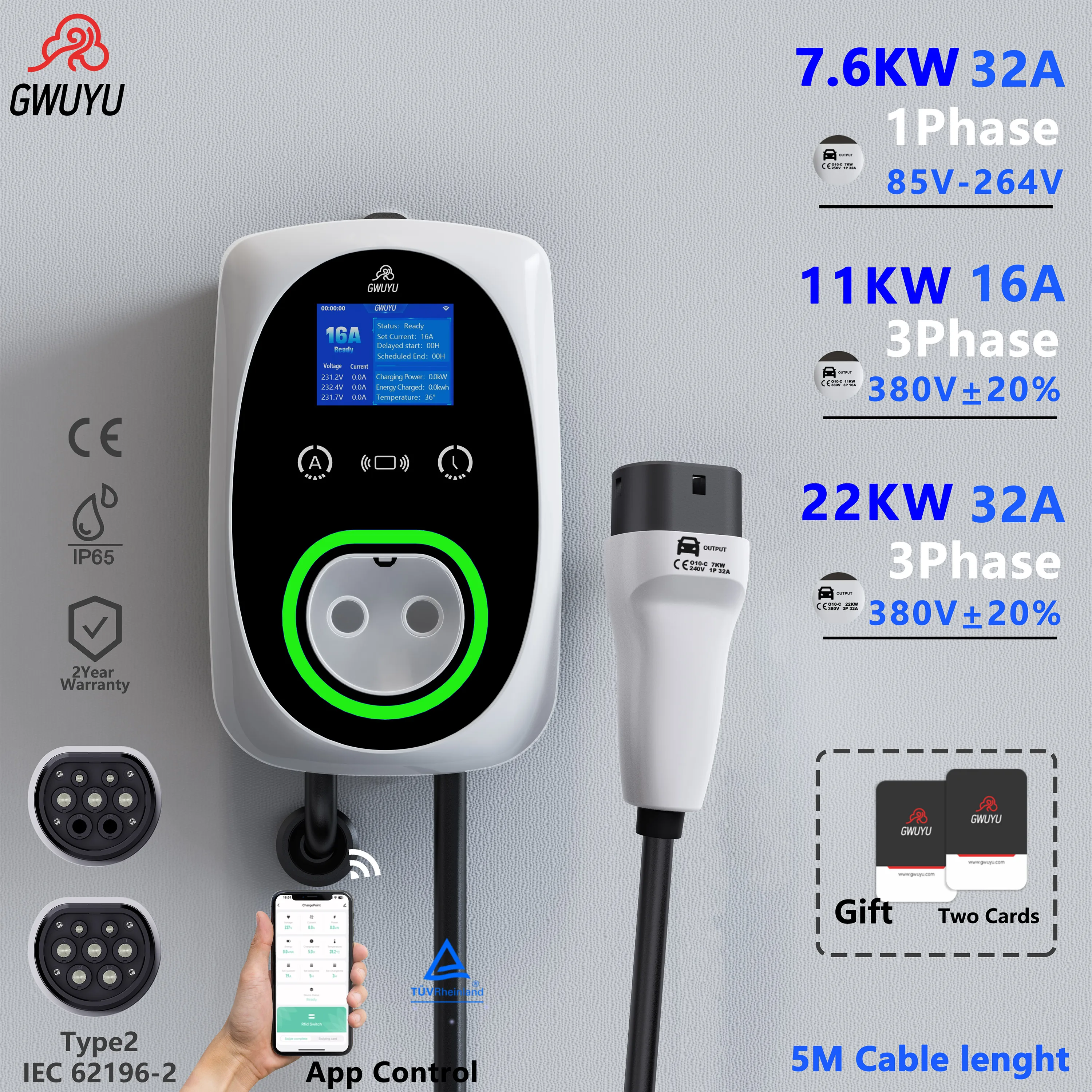 

GWUYU 22KW 32A Three-Phase Electric Vehicle Charging Station Car Charger Type2 with Card Swipe EVSE Wallbox APP Control 5m Cable