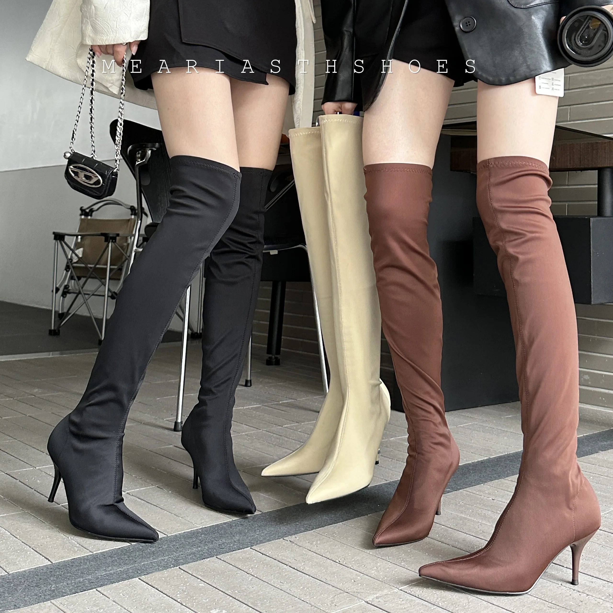 2026 Elastic Stretch Fabric Woman Over-the-Knee Boots Fashion Sexy Thin Heels Slim Long Booties Designer Pointed Toe Party Shoes