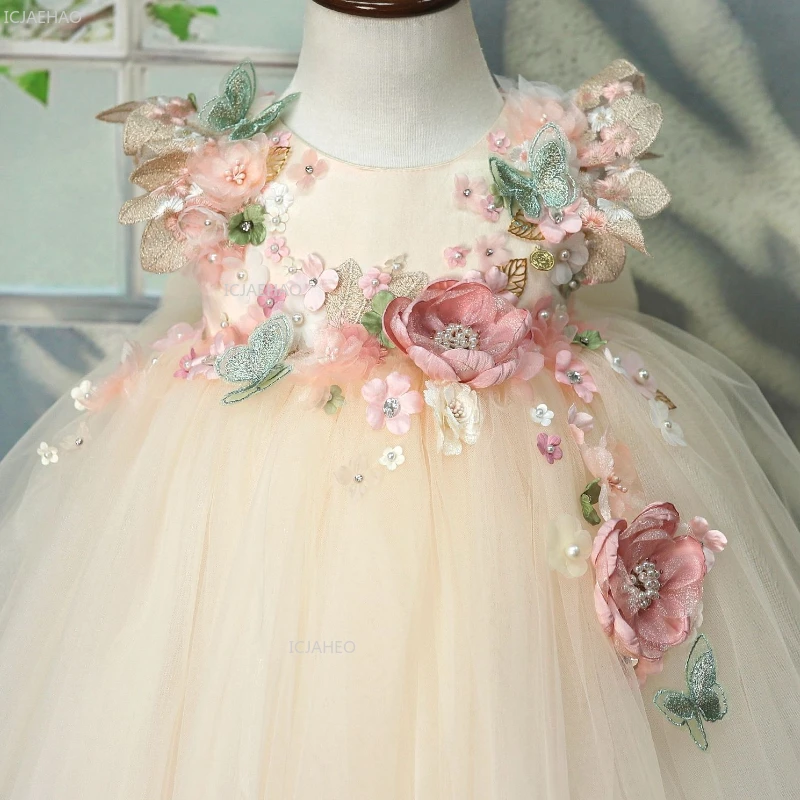Girls Lolita Dress 3D Flowers Puffy Tulle Pearl Flower Girl Princess Gown Celebration Evening Dresses Kids Birthday Party Formal