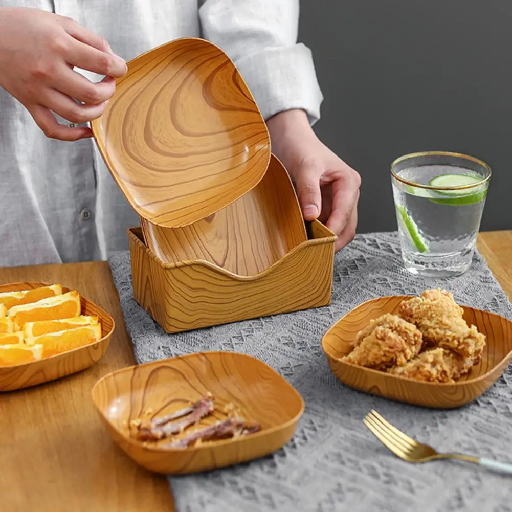 

14/15.5/20/36cm Spit Bone Dish Imitation Wood Grain Stackable Fruit Snack Cake Tray Dining Table Plate For Dining Room Kitchen