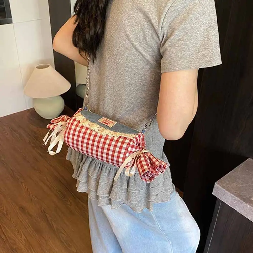 

Casual Canvas Candy Shape Bag Cherry Cloth Red Plaid Crossbody Bag Portable Storage Pouch Denim Lace Shoulder Bag Student
