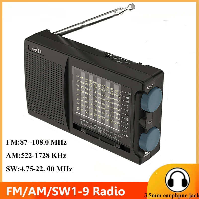 Portable FM AM SW Radio High Sensitivity Radios Receiver Built-in Loud Speaker with 360 Degree Rotatable Antenna Headphone Jack