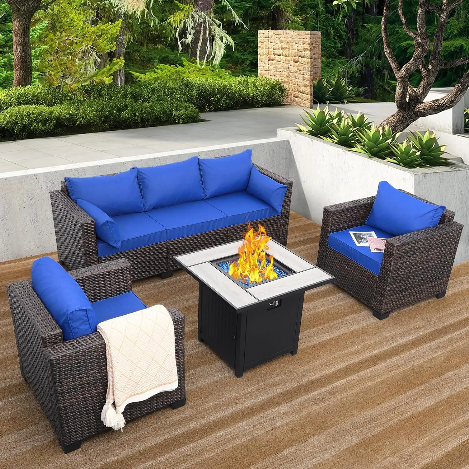 

Patio Rattan Furniture Set, Outdoor PE Wicker Conversation Couch, Brown Sectional Sofa Couch with Storage Coffee Table