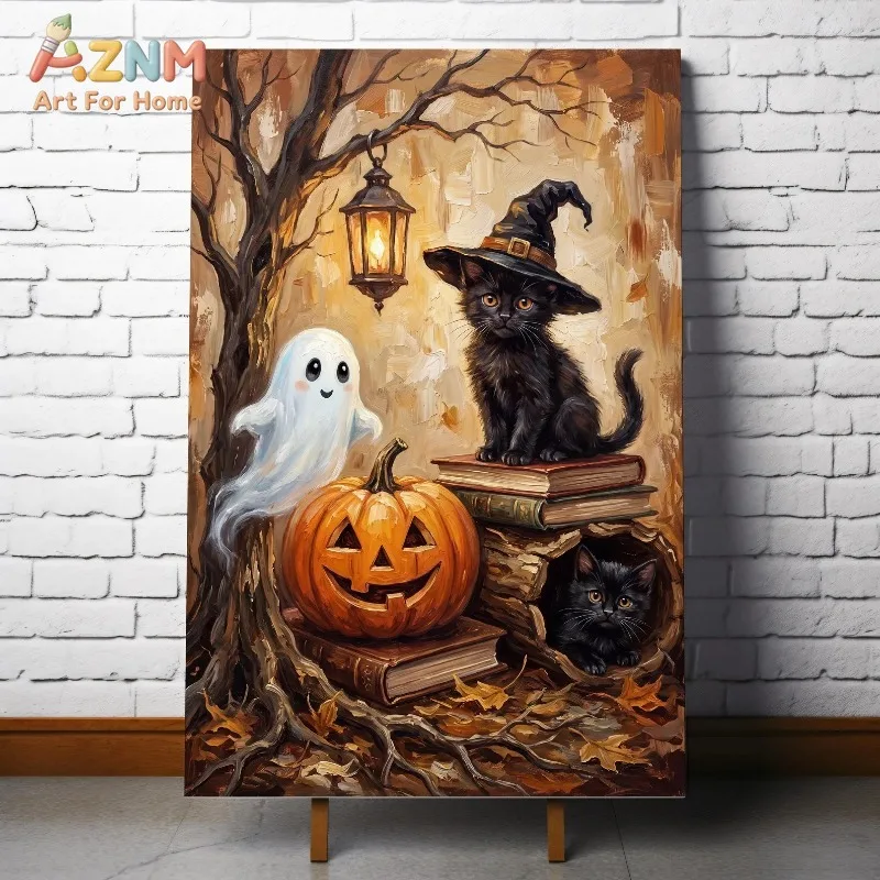 Vintage Autumn Ghost Witch Black Cats Pumpkin Lantern Tree Halloween Canvas Poster Prints Frameless Wall Art Cozy Rustic Decor