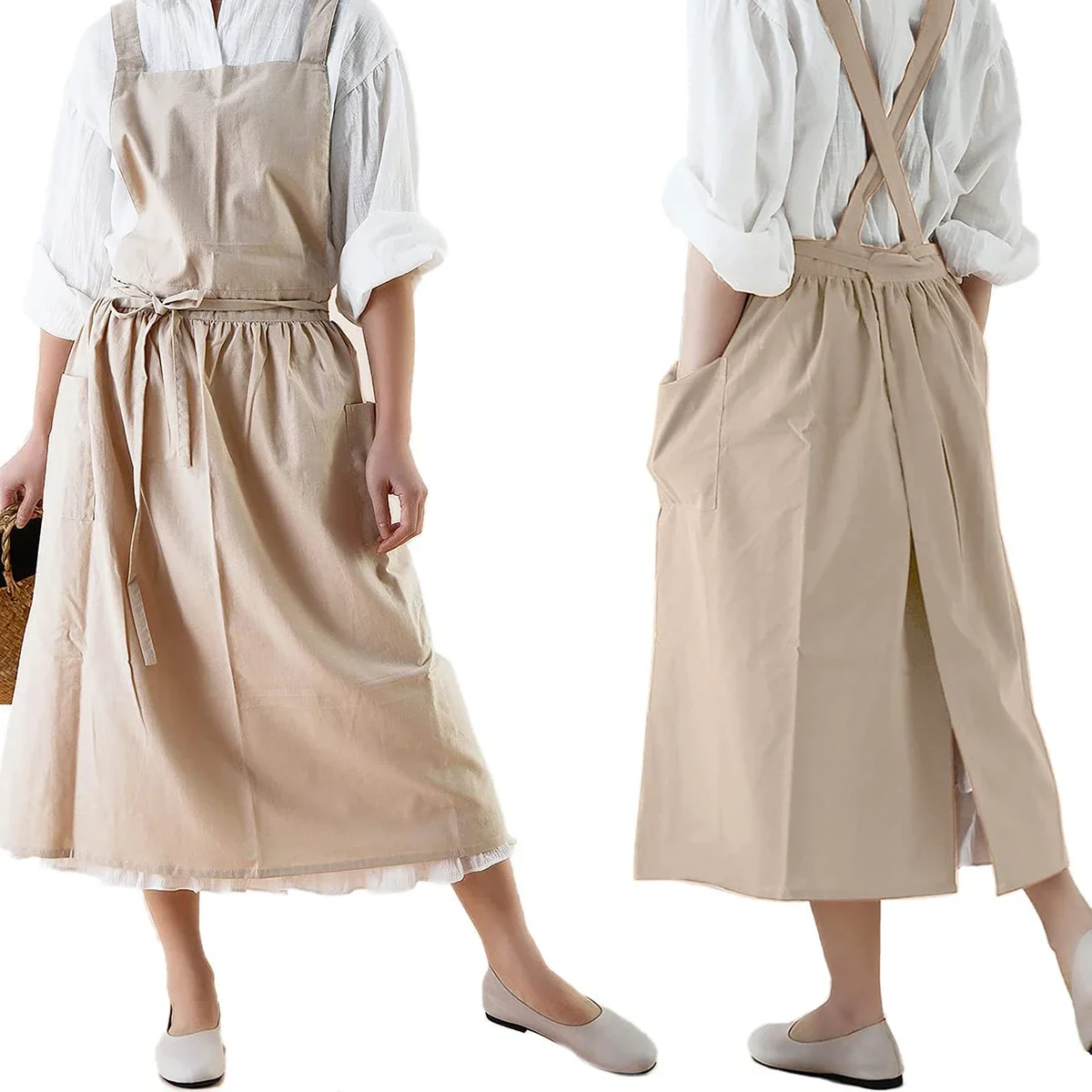 Brief Nordic Wind Pleated Skirt Cotton Linen Apron Women Girls Vintage Apron Gardening Works Cross Back Pinafore Dress