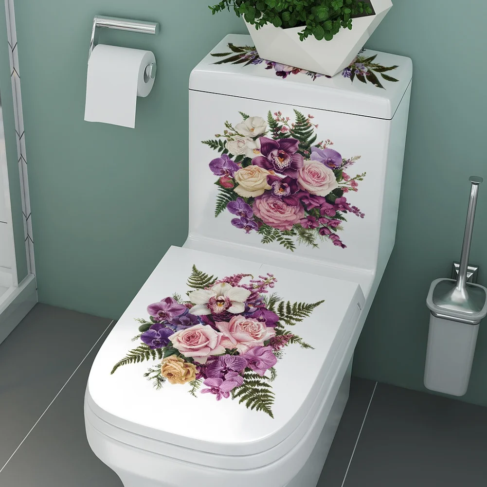 Modern PVC Floral Toilet Sticker in Soft Pink and Purple Tone Minimalist Bathroom Wall Decal for Tiles Glass Metal Painted Walls