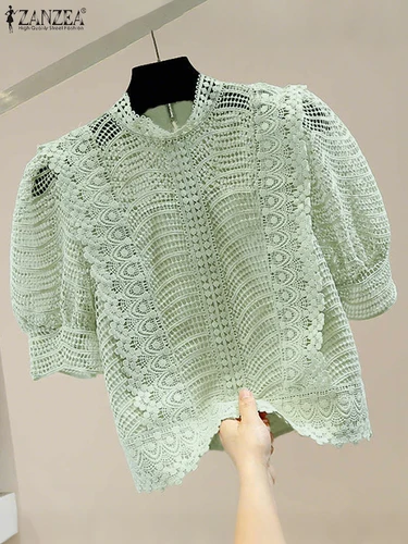 ZANZEA elegante Blusa de encaje 2025 verano media manga abombada mujeres suelta moda cuello redondo transparente Casual Oficina señora camisas Tops