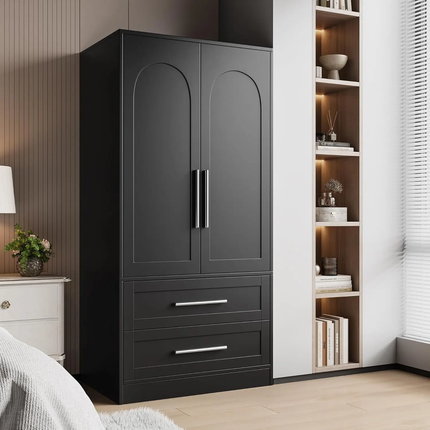 Wooden Armoire Wardrobe Closet with 2 Drawers, Clothing Storage Cabinet with Shelves Aluminum Hanging Rod, Wardrobe, Customized
