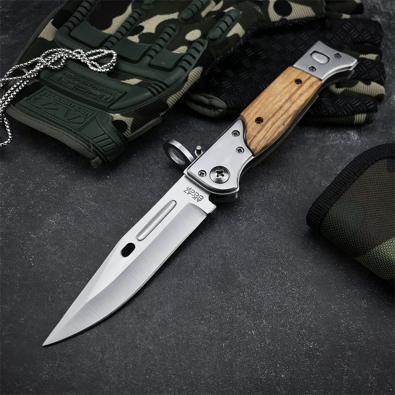 Small M9 folding knife, convenient hunting self-defense steel+colorful wood handle fishing gift hiking collection folding knife