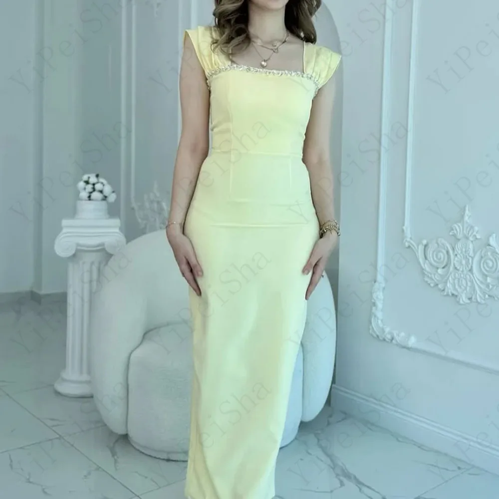 Customized Straight Prom Dresses Ankle-Length Square Collar Sleeveless Evening Gown Simple Fashion Crystal Casual Party Gown