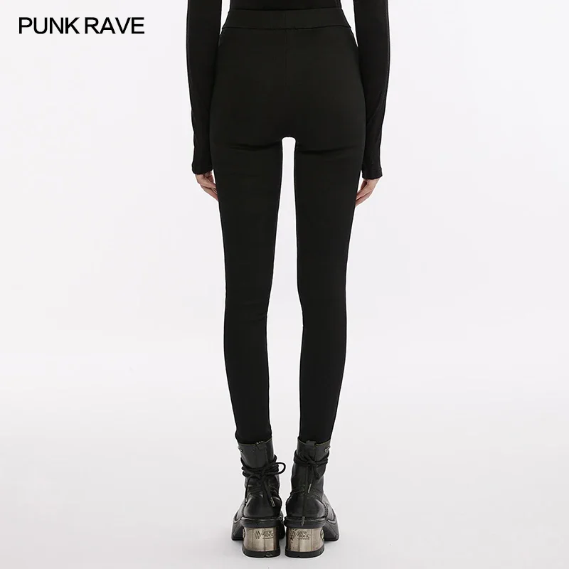 PUNK RAVE Women\'s Techwear Style Patchwork Elastic Tight Fit Leggings Punk Faux Leather Spliced Female Cool Pants Spring Autumn