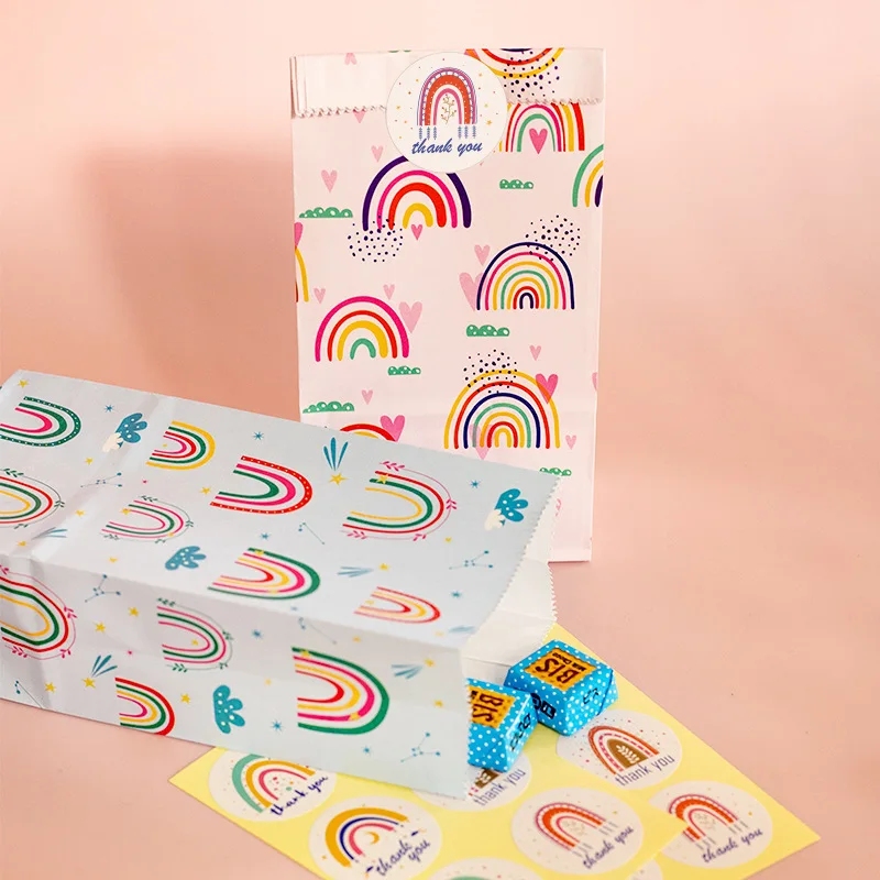 10Pcs Paper Candy Bag Rainbow Pattern Biscuit Cake Bag Birthday Party Decoration Baking Snack Gift Packaging Bag