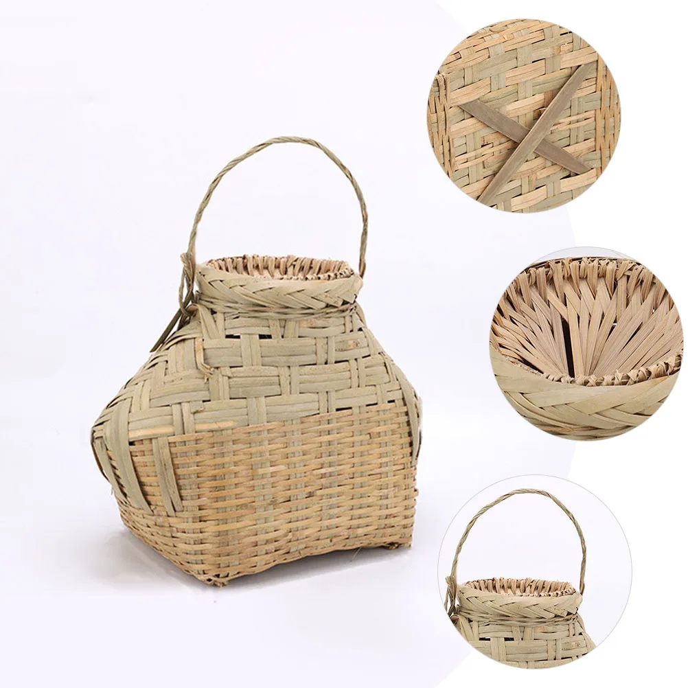 

1pc Bamboo Basket For Fish Portable Fishing Container Winter Outdoor Shrimp Crab Storage Reusable Sturdy Ergonomic Handle Large