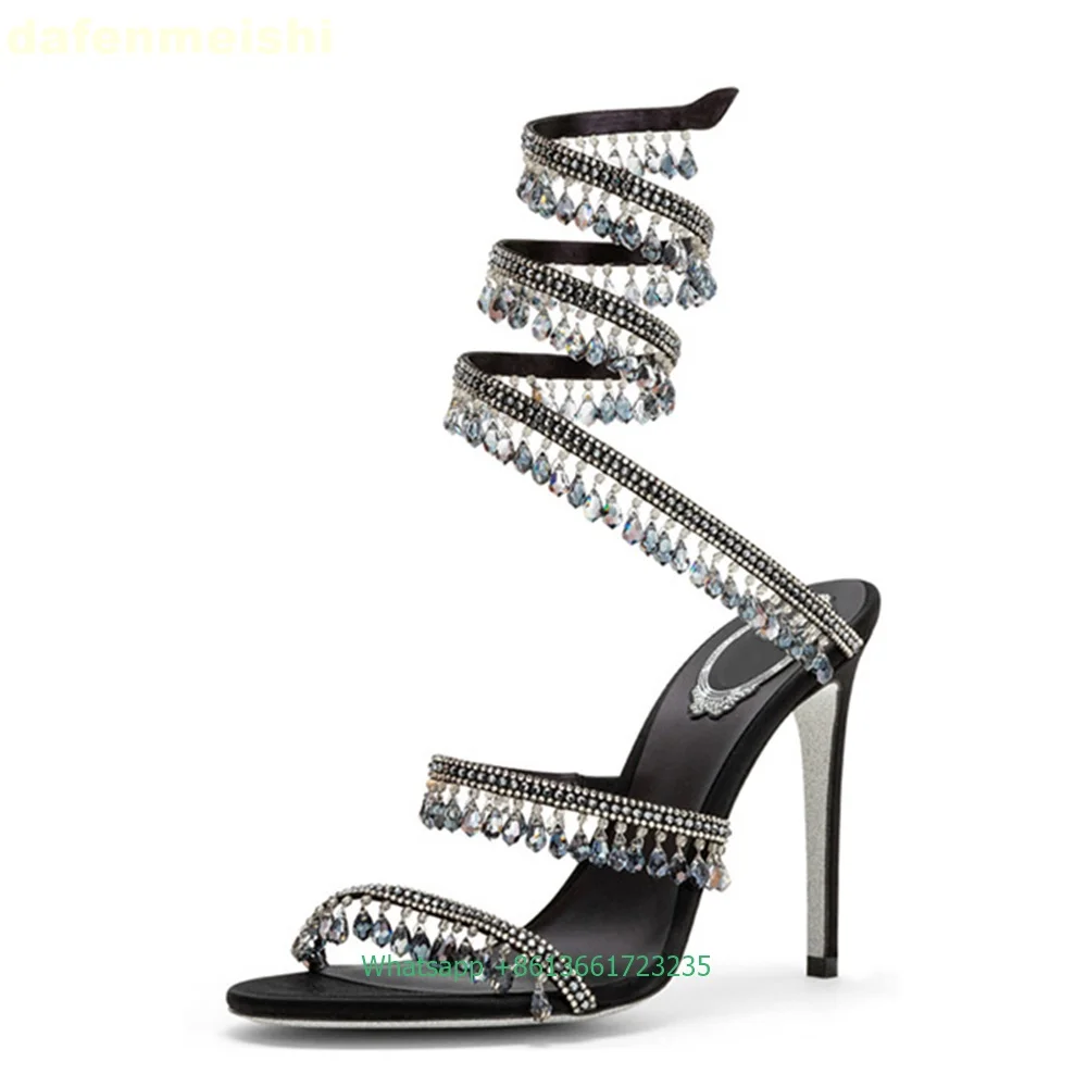 

Crystal Pendant Snake-Like Winding Women Sandals Summer New Bling Bling Fashion Stiletto Heel High Heels Rhinestone Shiny Sandal