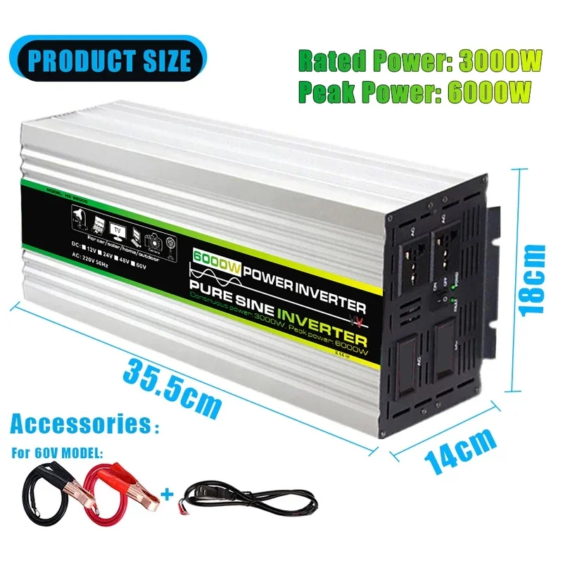 6000W Pure Sine Wave Power Inverter Solar System Solar Panel Home Outdoor Camping Wave Power Inverter 12V To 220V 50hz