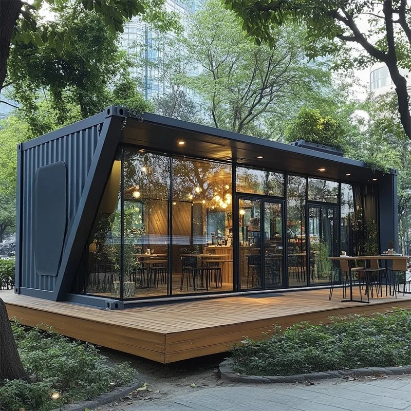 黒いコンテナハウスの移動式住宅、取り外し可能な鉄骨構造、ネットの人気景勝レストラン